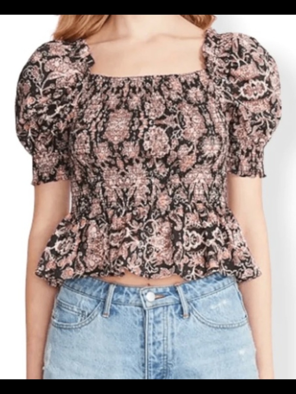 BB Dakota Black and Blush Floral Smocked Square-Neck Peplum Top